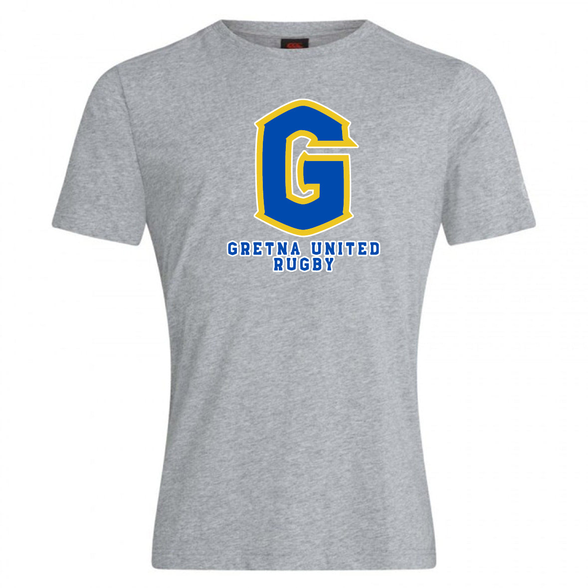 The Gretna United Rugby Club Plain Tee by WRS Canterbury is a premium grey cotton blend t-shirt with a blue and yellow logo.