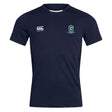The Gretna United Rugby Club Dry Tee by EMB Canterbury is a navy blue short-sleeve shirt with moisture-wicking Vapodri Technology, a white Canterbury logo on the right chest, and a "G" crest with text on the left chest.