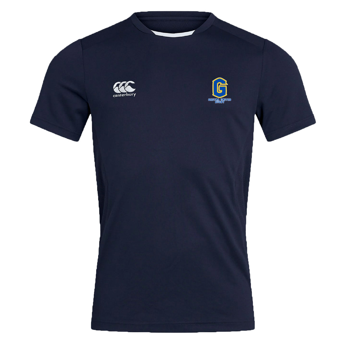 The Gretna United Rugby Club Dry Tee by EMB Canterbury is a navy blue short-sleeve shirt with moisture-wicking Vapodri Technology, a white Canterbury logo on the right chest, and a "G" crest with text on the left chest.