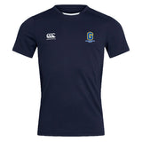 The Gretna United Rugby Club Dry Tee by EMB Canterbury is a navy blue short-sleeve shirt with moisture-wicking Vapodri Technology, a white Canterbury logo on the right chest, and a "G" crest with text on the left chest.
