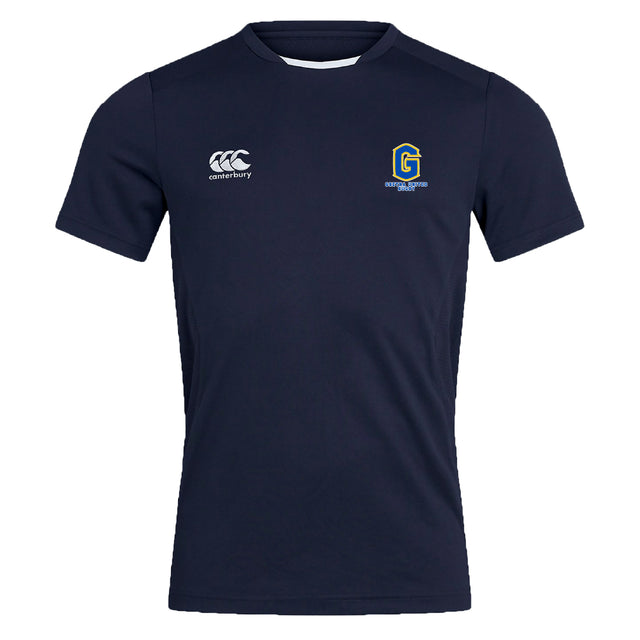 The Gretna United Rugby Club Dry Tee by EMB Canterbury is a navy blue short-sleeve shirt with moisture-wicking Vapodri Technology, a white Canterbury logo on the right chest, and a "G" crest with text on the left chest.