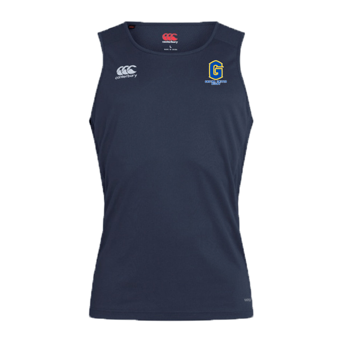 The Gretna United Rugby Club Dry Singlet by EMB Canterbury is a navy blue, sleeveless top with Vapodri Technology, featuring an EMB Canterbury logo on the right chest and a Gretna United logo on the left—perfect for athletic performance.