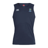The Gretna United Rugby Club Dry Singlet by EMB Canterbury is a navy blue, sleeveless top with Vapodri Technology, featuring an EMB Canterbury logo on the right chest and a Gretna United logo on the left—perfect for athletic performance.