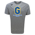 The Gretna United Rugby Tempo Vapodri T-Shirt by WRS Canterbury is a gray short-sleeve athletic shirt with a blue and yellow "G" and "Gretna United Rugby" on the front, ideal for fans and players who want moisture-wicking performance.