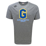 The Gretna United Rugby Tempo Vapodri T-Shirt by WRS Canterbury is a gray short-sleeve athletic shirt with a blue and yellow "G" and "Gretna United Rugby" on the front, ideal for fans and players who want moisture-wicking performance.