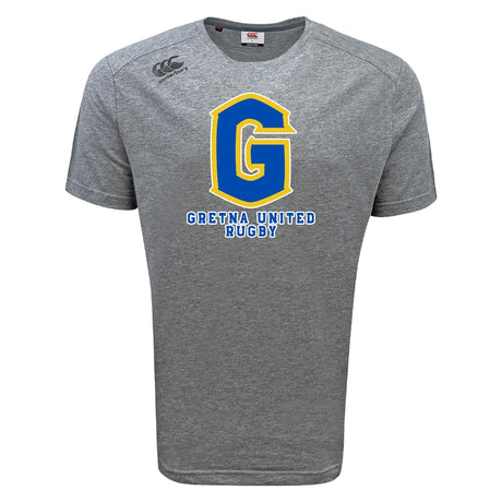 The Gretna United Rugby Tempo Vapodri T-Shirt by WRS Canterbury is a gray short-sleeve athletic shirt with a blue and yellow "G" and "Gretna United Rugby" on the front, ideal for fans and players who want moisture-wicking performance.