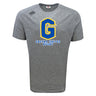 The Gretna United Rugby Tempo Vapodri T-Shirt by WRS Canterbury is a gray short-sleeve athletic shirt with a blue and yellow "G" and "Gretna United Rugby" on the front, ideal for fans and players who want moisture-wicking performance.