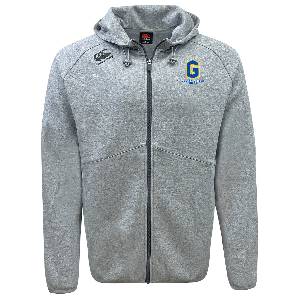 Stay comfortable and stylish in the Gretna United Rugby Tempo Vapodri Full-Zip Hoodie by EMB Canterbury, featuring a hood, drawstrings, and two chest logos. This light gray hoodie offers moisture-wicking performance for any activity.