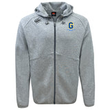 Stay comfortable and stylish in the Gretna United Rugby Tempo Vapodri Full-Zip Hoodie by EMB Canterbury, featuring a hood, drawstrings, and two chest logos. This light gray hoodie offers moisture-wicking performance for any activity.