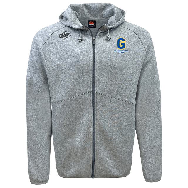 Stay comfortable and stylish in the Gretna United Rugby Tempo Vapodri Full-Zip Hoodie by EMB Canterbury, featuring a hood, drawstrings, and two chest logos. This light gray hoodie offers moisture-wicking performance for any activity.