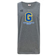 The Gretna United Rugby Tempo Vapodri Singlet by Canterbury from WRS Canterbury is a gray, sleeveless top featuring "Gretna United Rugby," a blue and yellow "G" logo, and the Canterbury emblem. Made from recycled polyester with VapoDri comfort technology.