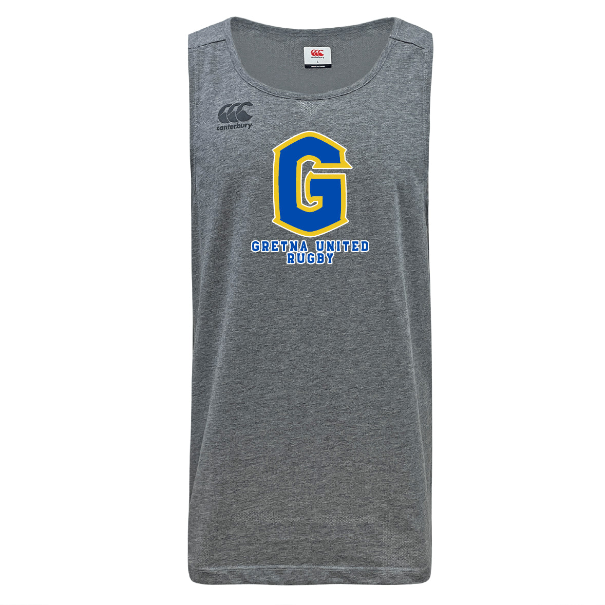 The Gretna United Rugby Tempo Vapodri Singlet by Canterbury from WRS Canterbury is a gray, sleeveless top featuring "Gretna United Rugby," a blue and yellow "G" logo, and the Canterbury emblem. Made from recycled polyester with VapoDri comfort technology.