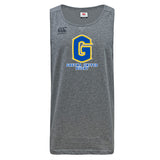 The Gretna United Rugby Tempo Vapodri Singlet by Canterbury from WRS Canterbury is a gray, sleeveless top featuring "Gretna United Rugby," a blue and yellow "G" logo, and the Canterbury emblem. Made from recycled polyester with VapoDri comfort technology.