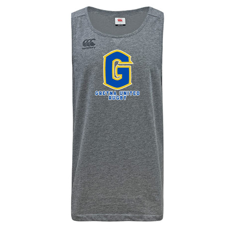 The Gretna United Rugby Tempo Vapodri Singlet by Canterbury from WRS Canterbury is a gray, sleeveless top featuring "Gretna United Rugby," a blue and yellow "G" logo, and the Canterbury emblem. Made from recycled polyester with VapoDri comfort technology.