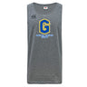 The Gretna United Rugby Tempo Vapodri Singlet by Canterbury from WRS Canterbury is a gray, sleeveless top featuring "Gretna United Rugby," a blue and yellow "G" logo, and the Canterbury emblem. Made from recycled polyester with VapoDri comfort technology.