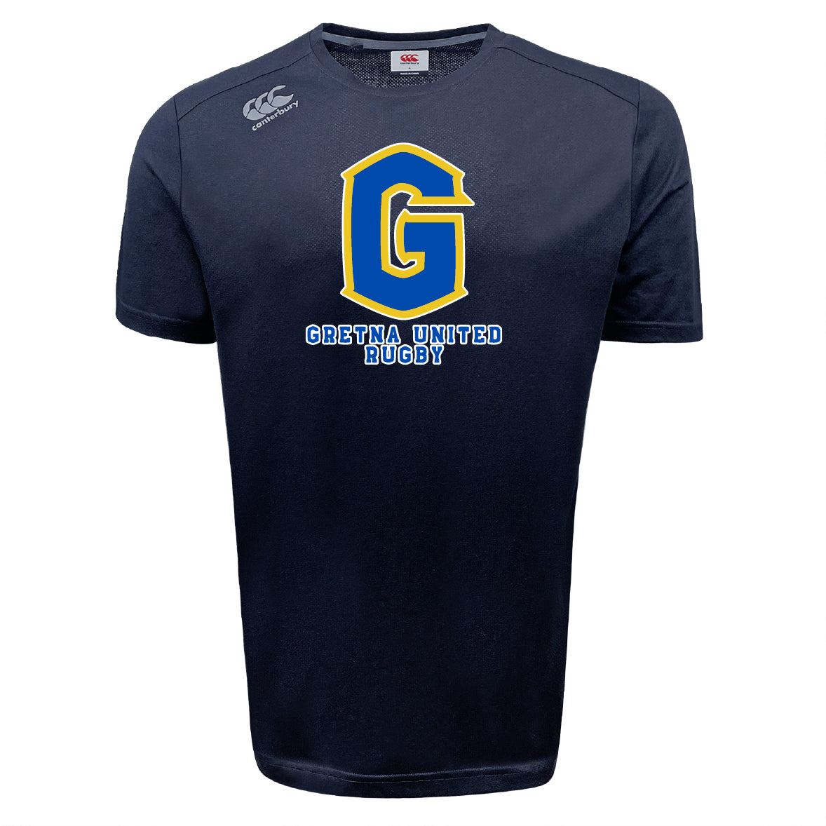 The WRS Canterbury Gretna United Rugby Tempo Vapodri T-Shirt is a navy blue athletic tee with a large yellow and blue "G" and "GRETNA UNITED RUGBY" on the front, designed for comfort and performance.