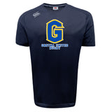 The WRS Canterbury Gretna United Rugby Tempo Vapodri T-Shirt is a navy blue athletic tee with a large yellow and blue "G" and "GRETNA UNITED RUGBY" on the front, designed for comfort and performance.