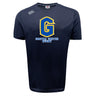 The WRS Canterbury Gretna United Rugby Tempo Vapodri T-Shirt is a navy blue athletic tee with a large yellow and blue "G" and "GRETNA UNITED RUGBY" on the front, designed for comfort and performance.