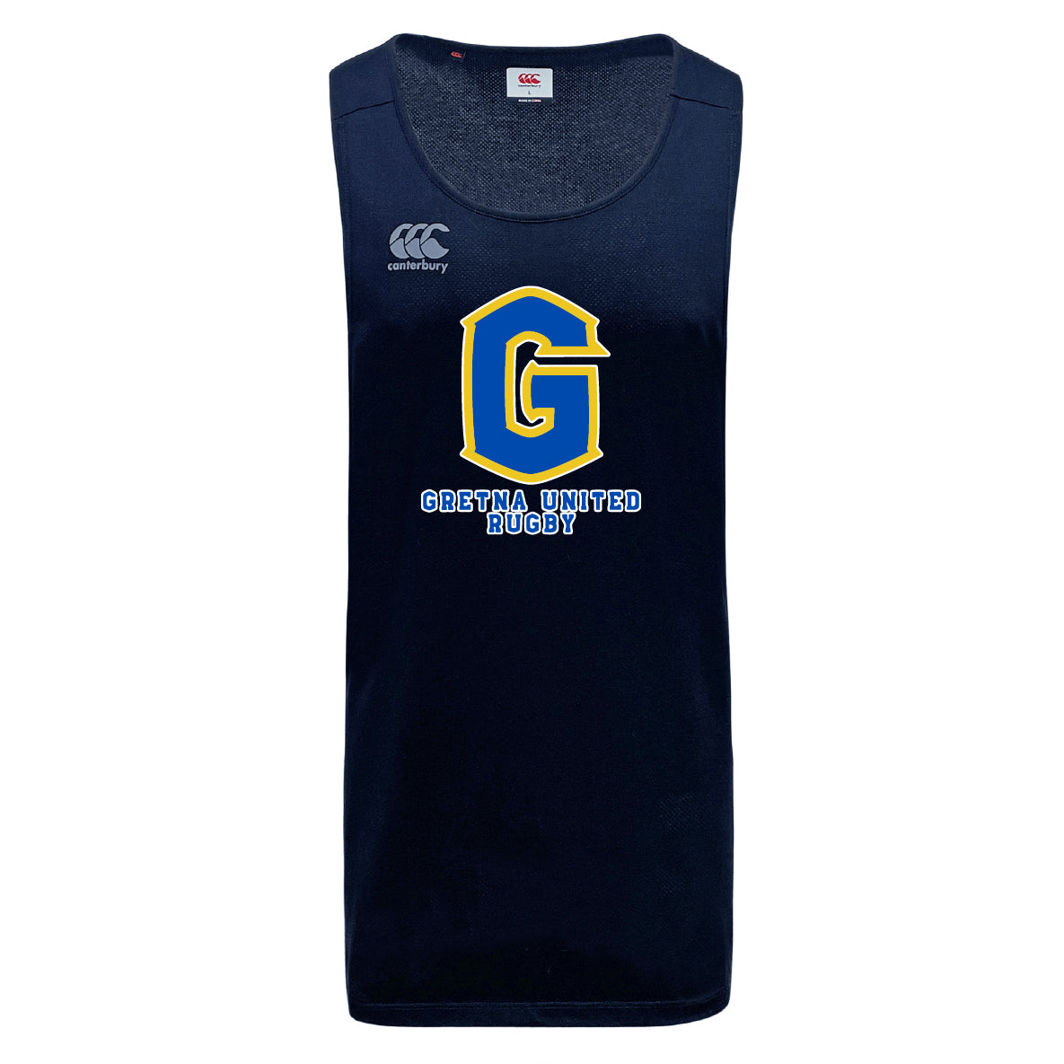 The WRS Canterbury Gretna United Rugby Tempo Vapodri Singlet is a navy sleeveless tank made from recycled polyester, featuring a bold yellow and blue "G" and "Gretna United Rugby" text on the front.