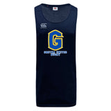 The WRS Canterbury Gretna United Rugby Tempo Vapodri Singlet is a navy sleeveless tank made from recycled polyester, featuring a bold yellow and blue "G" and "Gretna United Rugby" text on the front.
