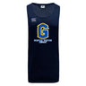 The WRS Canterbury Gretna United Rugby Tempo Vapodri Singlet is a navy sleeveless tank made from recycled polyester, featuring a bold yellow and blue "G" and "Gretna United Rugby" text on the front.