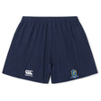 The Gretna United Rugby Yokohama Short by EMB Canterbury is a navy blue athletic rugby short featuring an elastic waistband, Canterbury logo on the left leg, and a G logo with "GET STUCK IN" on the right.