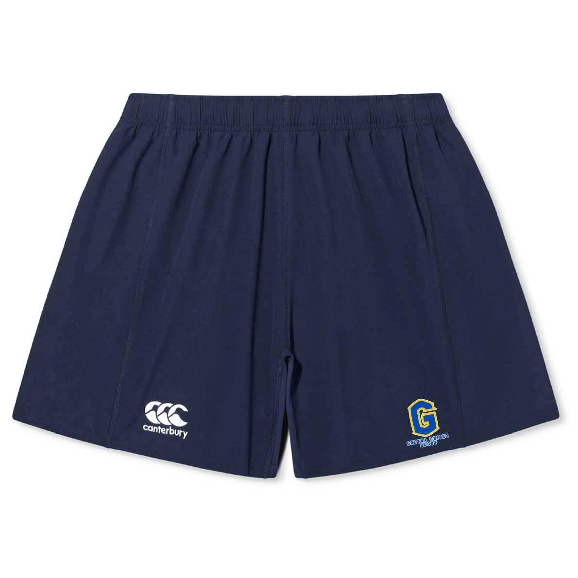 The Gretna United Rugby Yokohama Short by EMB Canterbury is a navy blue athletic rugby short featuring an elastic waistband, Canterbury logo on the left leg, and a G logo with "GET STUCK IN" on the right.