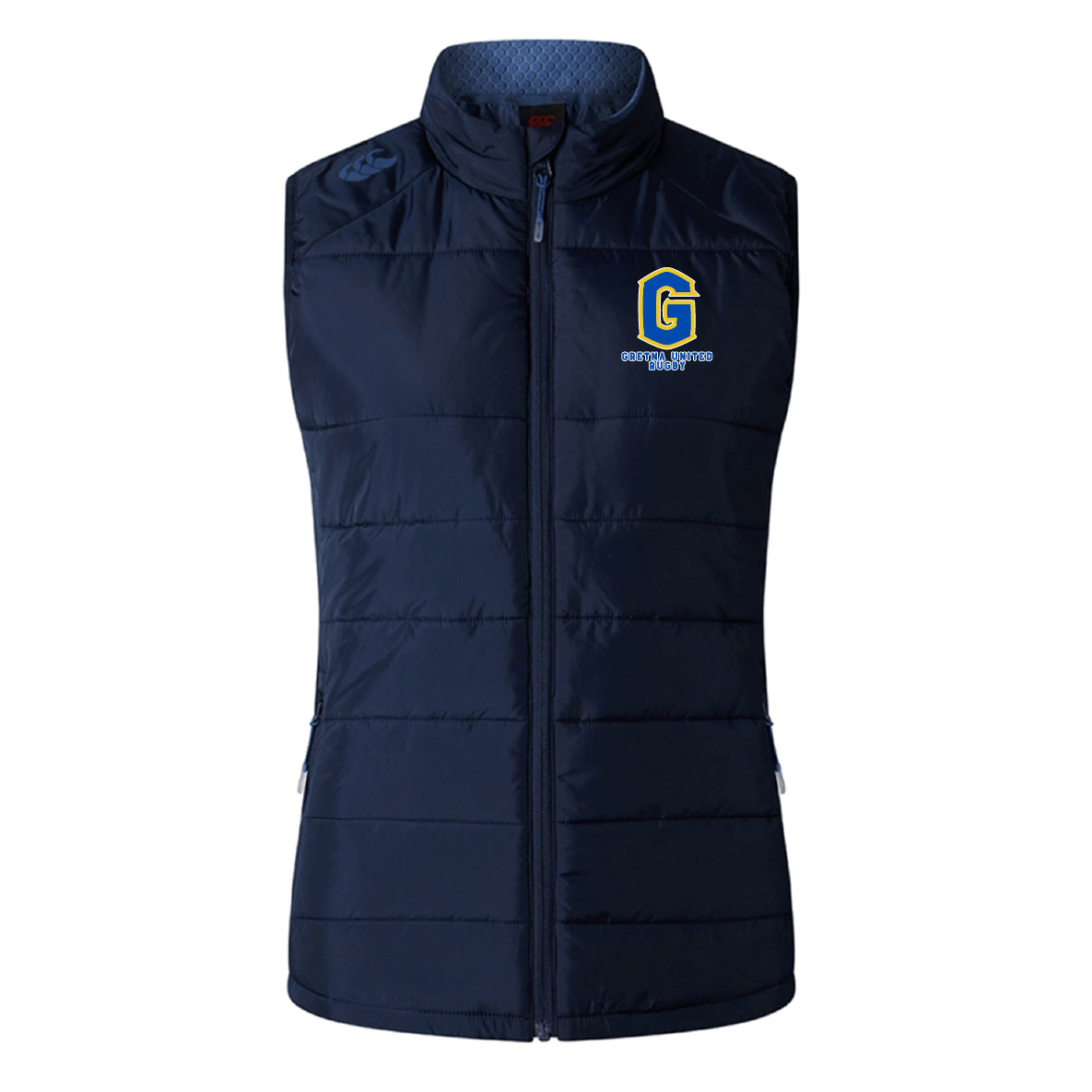 The EMB Canterbury Gretna United Rugby Women's Elite Microlite Gilet is a navy blue, sleeveless, insulated vest with a zip front and features a yellow and blue "G" logo on the left chest.