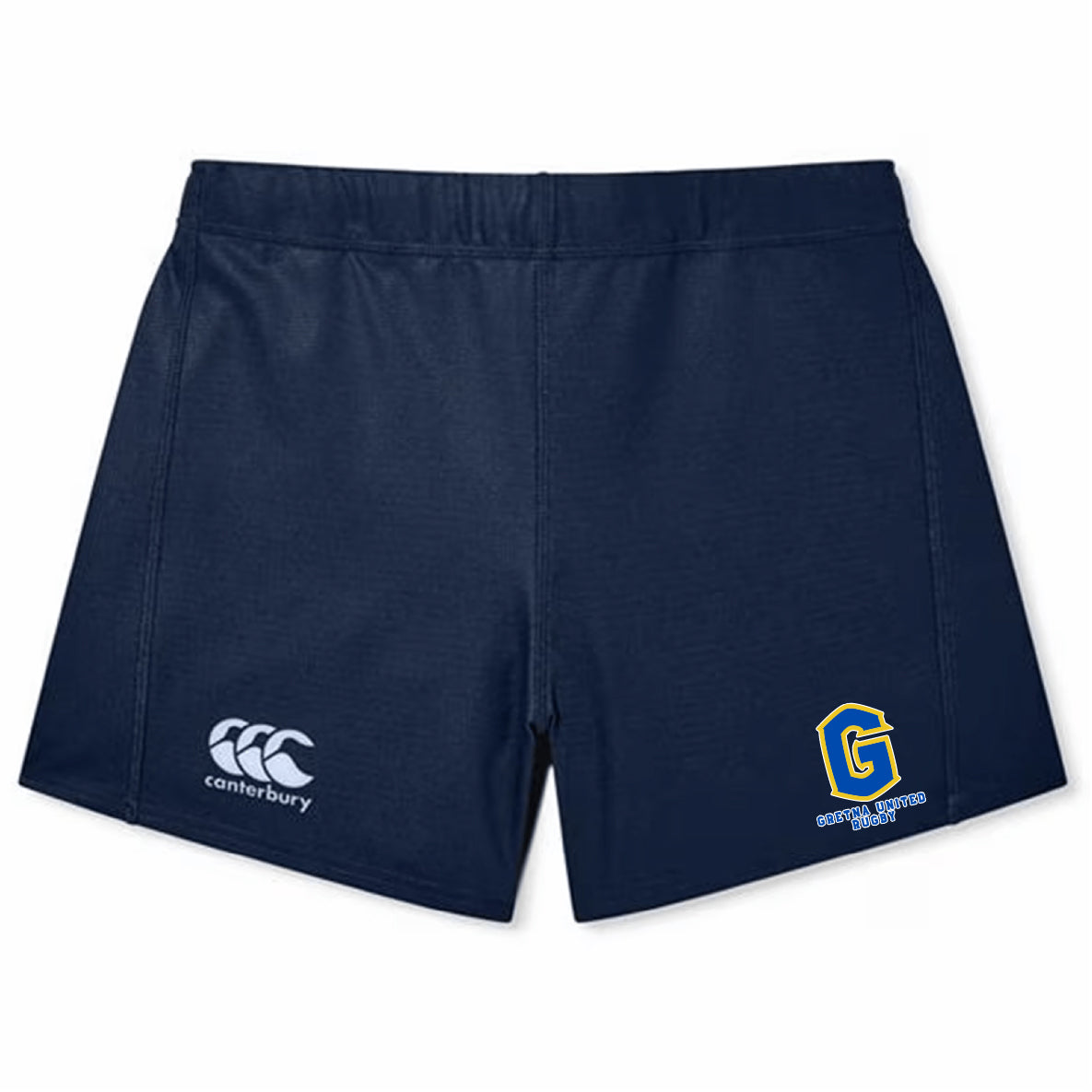 The EMB Canterbury Gretna United Rugby Women's Yokohama Short features navy blue fabric, the iconic Canterbury logo on the left leg, and a yellow "G" for Gorey School Sports on the right, inspired by classic Yokohama shorts.