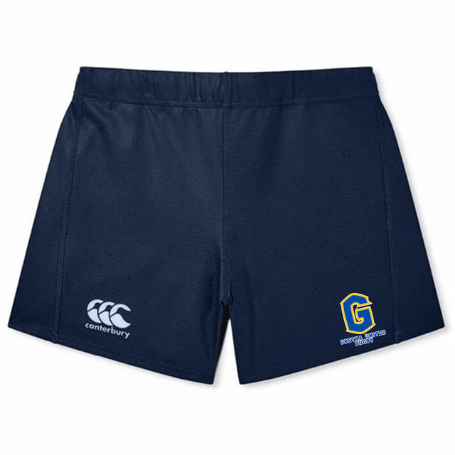 The EMB Canterbury Gretna United Rugby Women's Yokohama Short features navy blue fabric, the iconic Canterbury logo on the left leg, and a yellow "G" for Gorey School Sports on the right, inspired by classic Yokohama shorts.