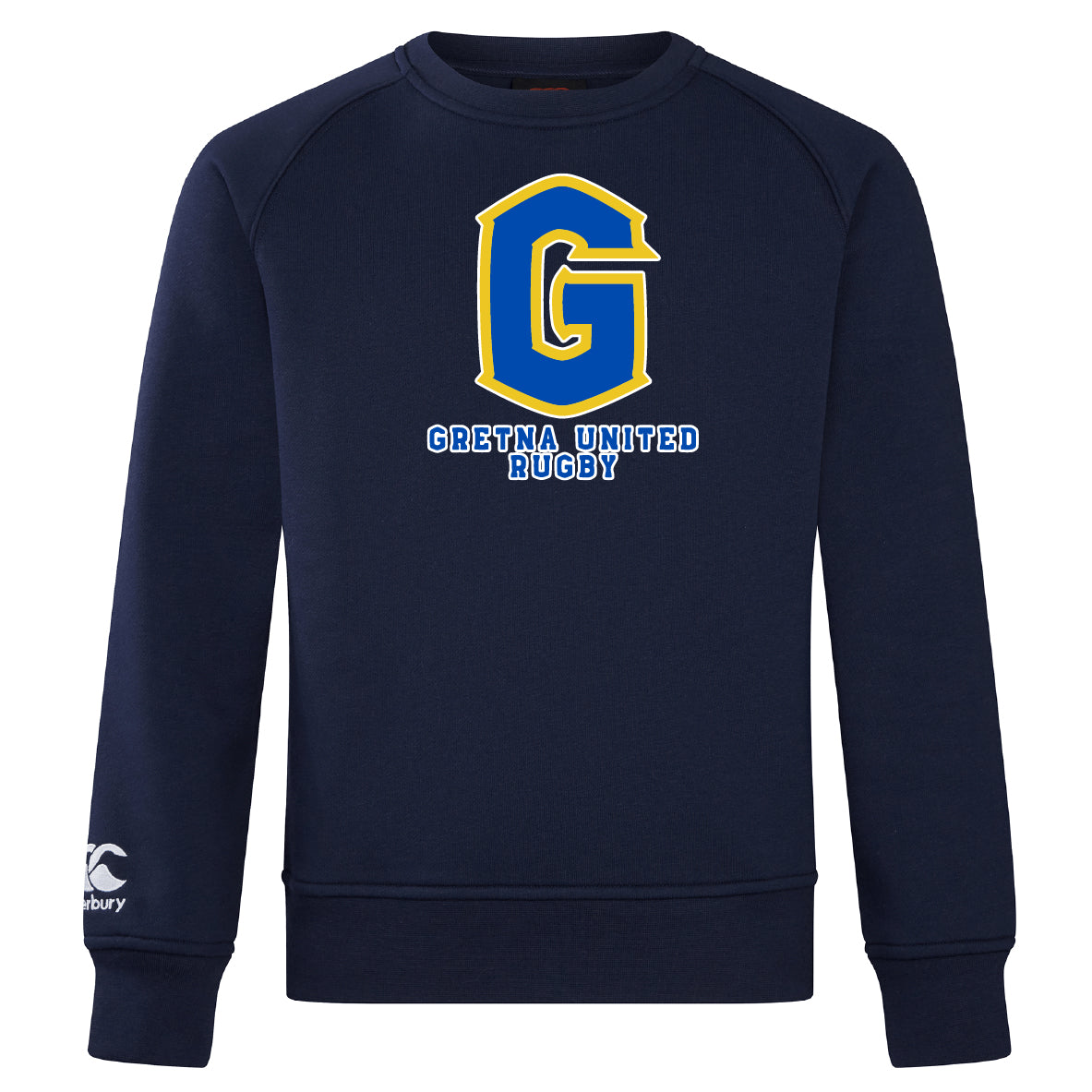 The Gretna United Rugby Club Crew Sweatshirt by WRS Canterbury features a large yellow and blue "G" logo above "Gretna United Rugby," with Canterbury branding on the left sleeve. Ultra-soft and perfect for fans.