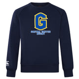 The Gretna United Rugby Club Crew Sweatshirt by WRS Canterbury features a large yellow and blue "G" logo above "Gretna United Rugby," with Canterbury branding on the left sleeve. Ultra-soft and perfect for fans.
