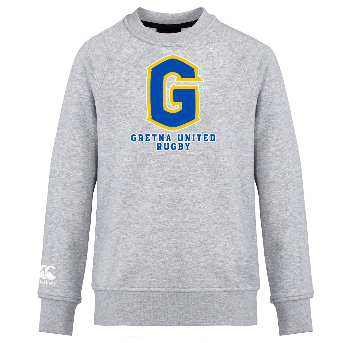 The Gretna United Rugby Club Crew Sweatshirt by Canterbury, from WRS Canterbury, is an ultra-soft grey sweatshirt featuring a bold blue and yellow "G" with "Gretna United Rugby" on the front and a small white Canterbury logo on the sleeve.