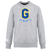 The Gretna United Rugby Club Crew Sweatshirt by Canterbury, from WRS Canterbury, is an ultra-soft grey sweatshirt featuring a bold blue and yellow "G" with "Gretna United Rugby" on the front and a small white Canterbury logo on the sleeve.