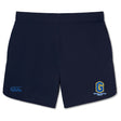 The Gretna United Rugby Women's Elite Woven Short by EMB Canterbury features navy blue fabric with logos on both legs, perfect for gym sessions or elite training.