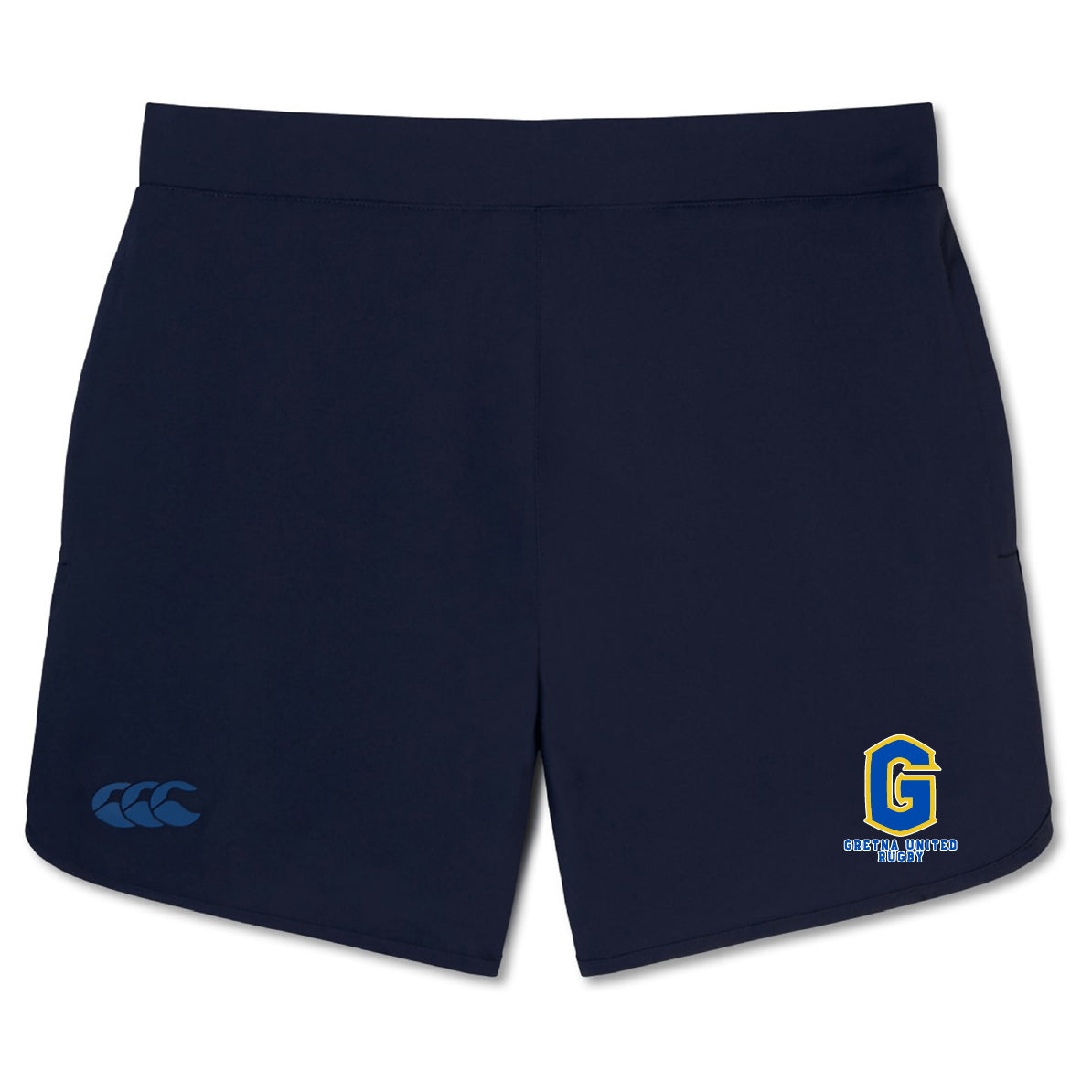 Navy Gretna United Rugby Elite Woven Shorts by EMB Canterbury, with a "Canterbury" logo on the left leg, "Gosforth Sports Shop" logo on the right, and zippered pockets for secure storage during training.