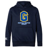 The Gretna United Rugby Club Lightweight Hoodie by WRS Canterbury features blue fabric, a yellow letter, and a practical kangaroo pocket for both style and comfort.