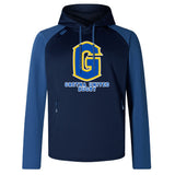 The Gretna United Rugby Elite Training Hoody by Canterbury features "Gretna United Rugby" and a large yellow and blue "G" logo on navy, blending WRS Canterbury comfort with team pride.
