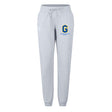 The Gretna United Rugby Women's Leisure Sweatpant by EMB Canterbury features a light gray organic cotton build, drawstring waist, and blue/yellow "G" logo with "Griffin United NLCFC" text on the upper left thigh for daily comfort.
