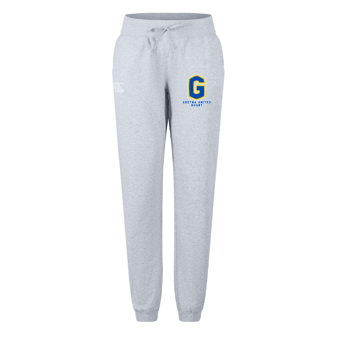 The Gretna United Rugby Women's Leisure Sweatpant by EMB Canterbury features a light gray organic cotton build, drawstring waist, and blue/yellow "G" logo with "Griffin United NLCFC" text on the upper left thigh for daily comfort.