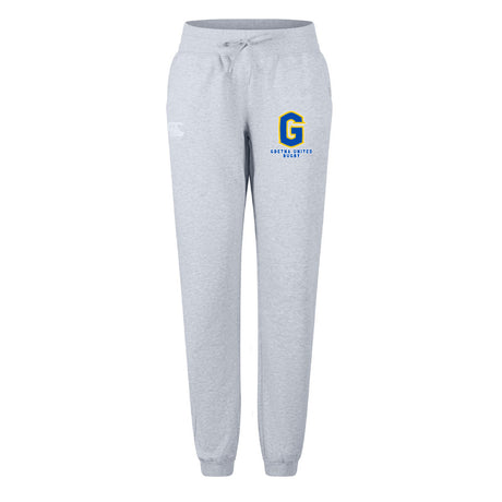 The Gretna United Rugby Women's Leisure Sweatpant by EMB Canterbury features a light gray organic cotton build, drawstring waist, and blue/yellow "G" logo with "Griffin United NLCFC" text on the upper left thigh for daily comfort.