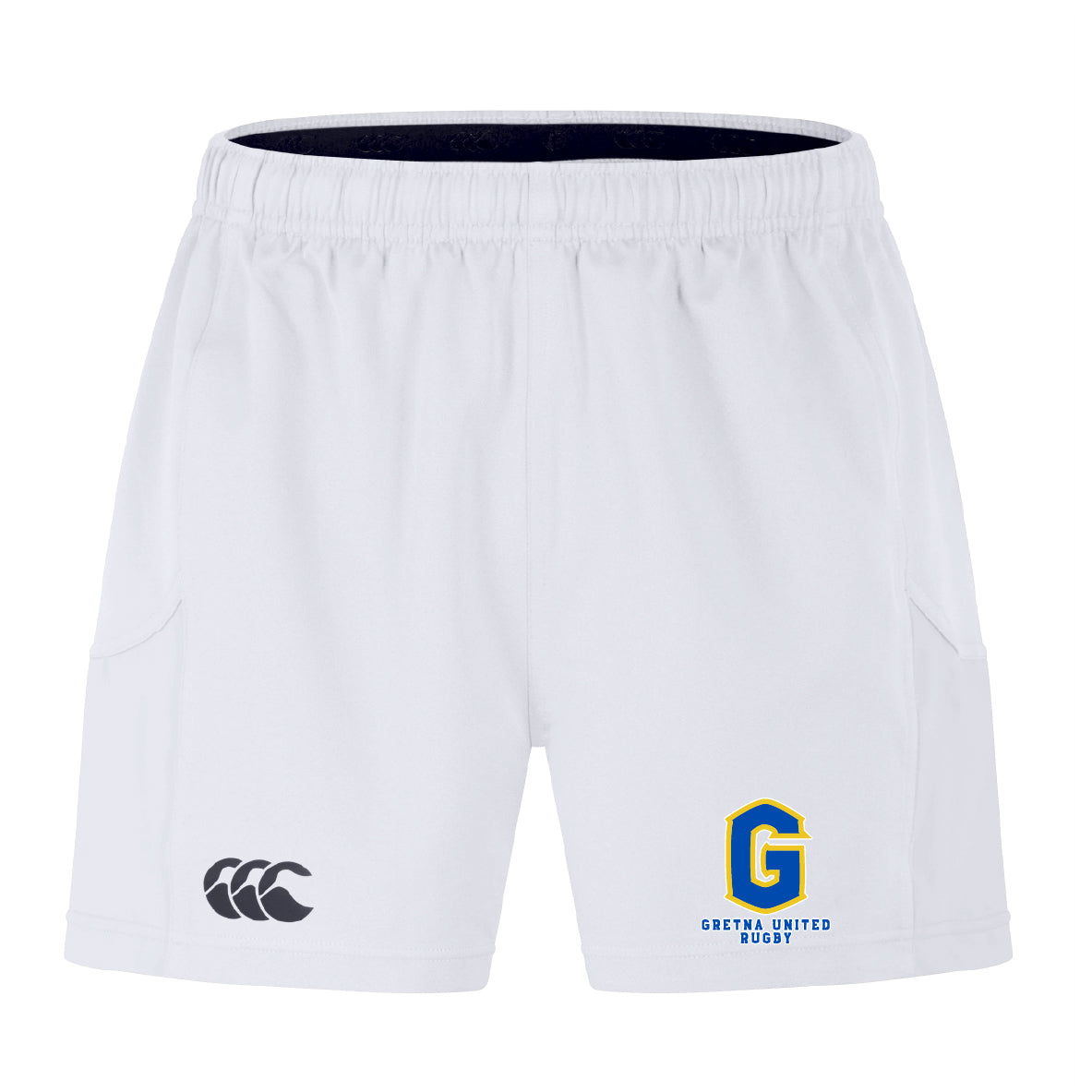 The Gretna United Rugby Advantage Short 2.0 by EMB Canterbury features an elastic waistband, Canterbury logo on the left leg, Gretna United Rugby logo on the right, and is made with recycled content for sustainability.