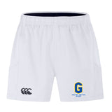 The Gretna United Rugby Advantage Short 2.0 by EMB Canterbury features an elastic waistband, Canterbury logo on the left leg, Gretna United Rugby logo on the right, and is made with recycled content for sustainability.