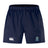 The EMB Canterbury Gretna United Rugby Advantage Short 2.0 features navy blue recycled fabric, an elastic waistband, a white Canterbury logo on the left leg, and a yellow "G" Griffith College logo on the right leg for comfort and sustainability.