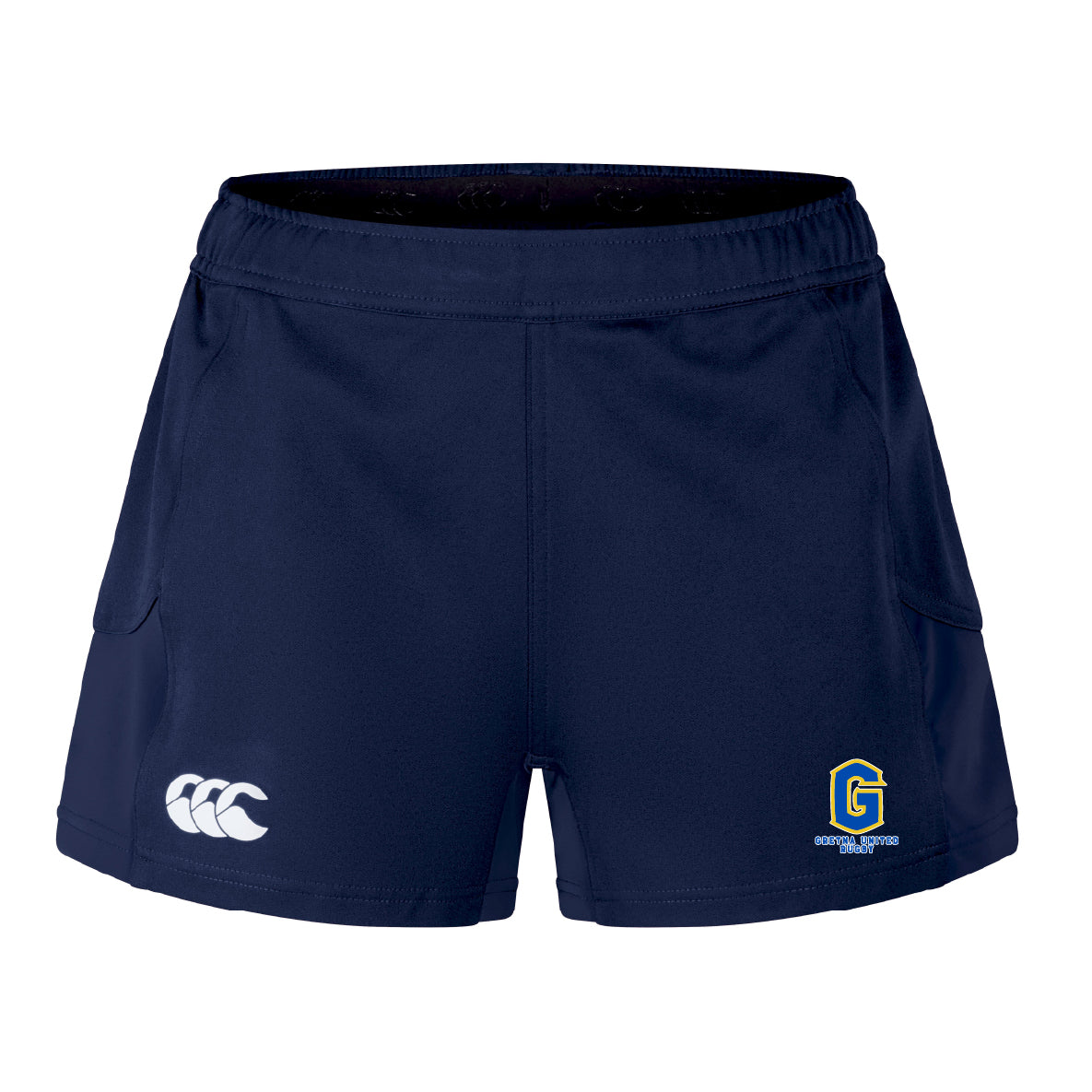 The Gretna United Rugby Women's Advantage Short 2.0 by EMB Canterbury features a white Canterbury logo on the left and a yellow & blue "G" emblem on the right leg, ideal for performance training.