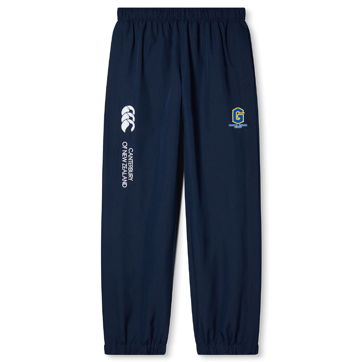 The Gretna United Rugby Cuffed Hem Stadium Pant by EMB Canterbury features an elastic waistband, cuffs, and CG monogram logos on the left leg—ideal men's rugby pants for comfort and style.