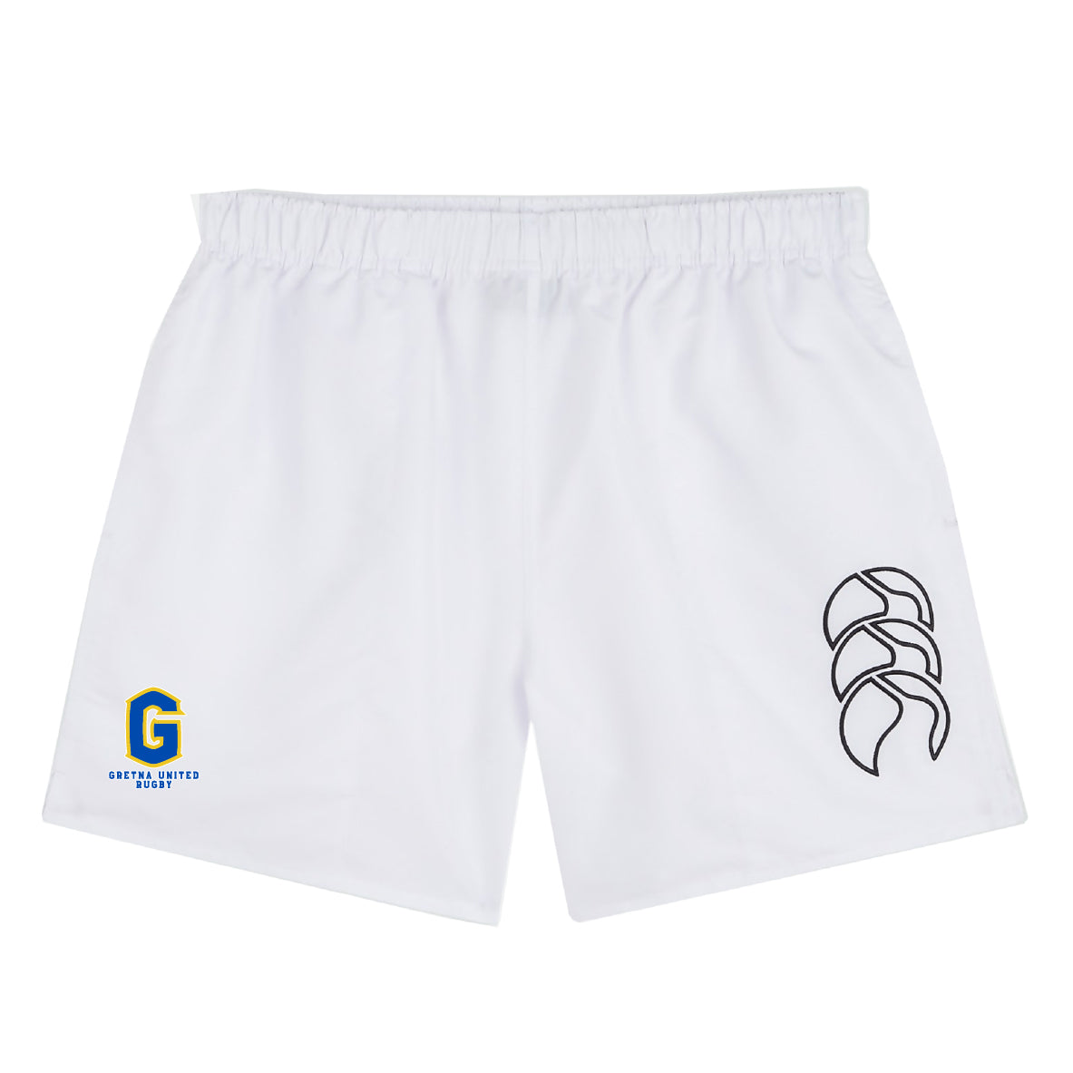 The Gretna United Rugby Tactic Short by EMB Canterbury features an elastic waistband, blue and yellow "G" logo on the left leg, and a black abstract logo on the right—perfect for men's rugby fans.