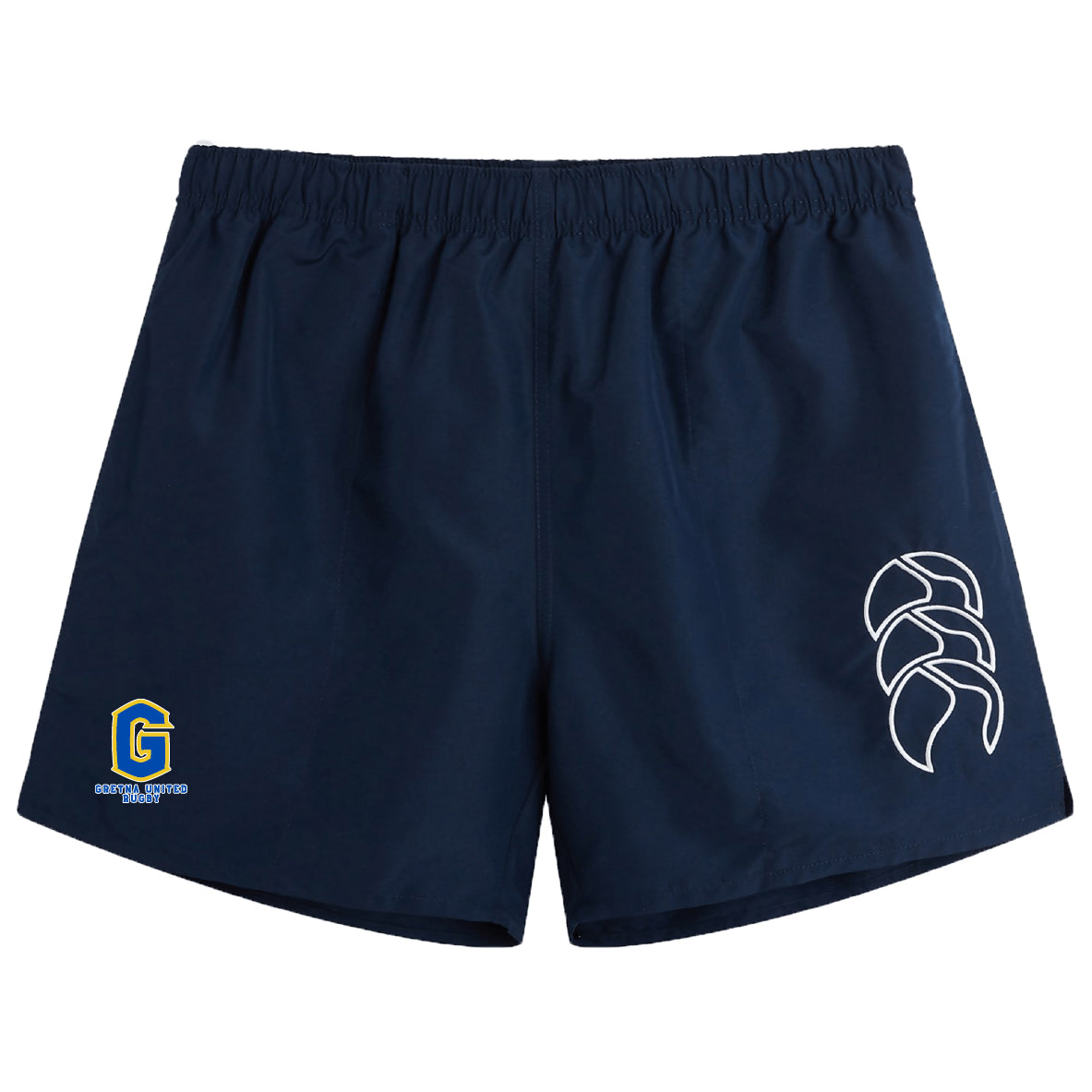 The Gretna United Rugby Tactic Short by EMB Canterbury features navy blue fabric, an elastic waistband, a white geometric Canterbury logo on the right leg, and a yellow-lettered emblem on the left—ideal for men's rugby or gym training.