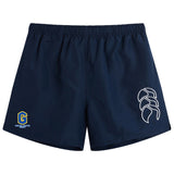 The Gretna United Rugby Tactic Short by EMB Canterbury features navy blue fabric, an elastic waistband, a white geometric Canterbury logo on the right leg, and a yellow-lettered emblem on the left—ideal for men's rugby or gym training.