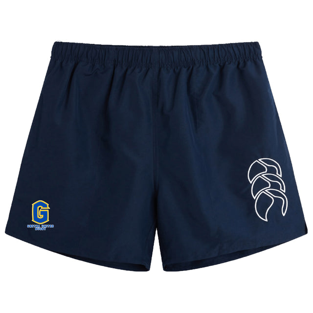 The Gretna United Rugby Tactic Short by EMB Canterbury features navy blue fabric, an elastic waistband, a white geometric Canterbury logo on the right leg, and a yellow-lettered emblem on the left—ideal for men's rugby or gym training.